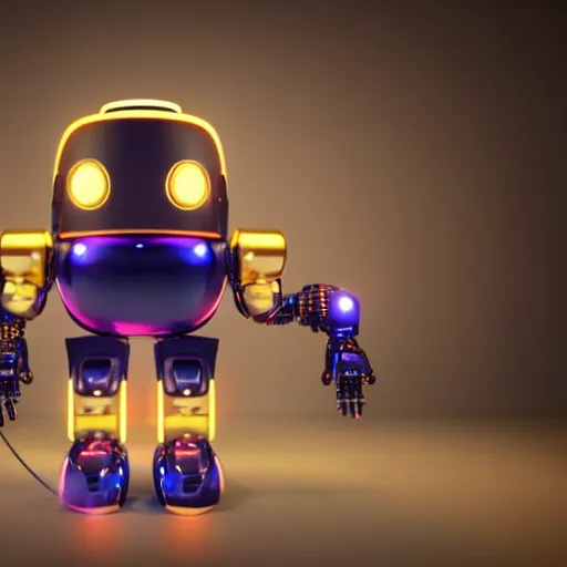 Prompt: gold blue pink black cute robot glowing , 3D render, dark smooth background, studio lighting, vivid colors, unreal engine