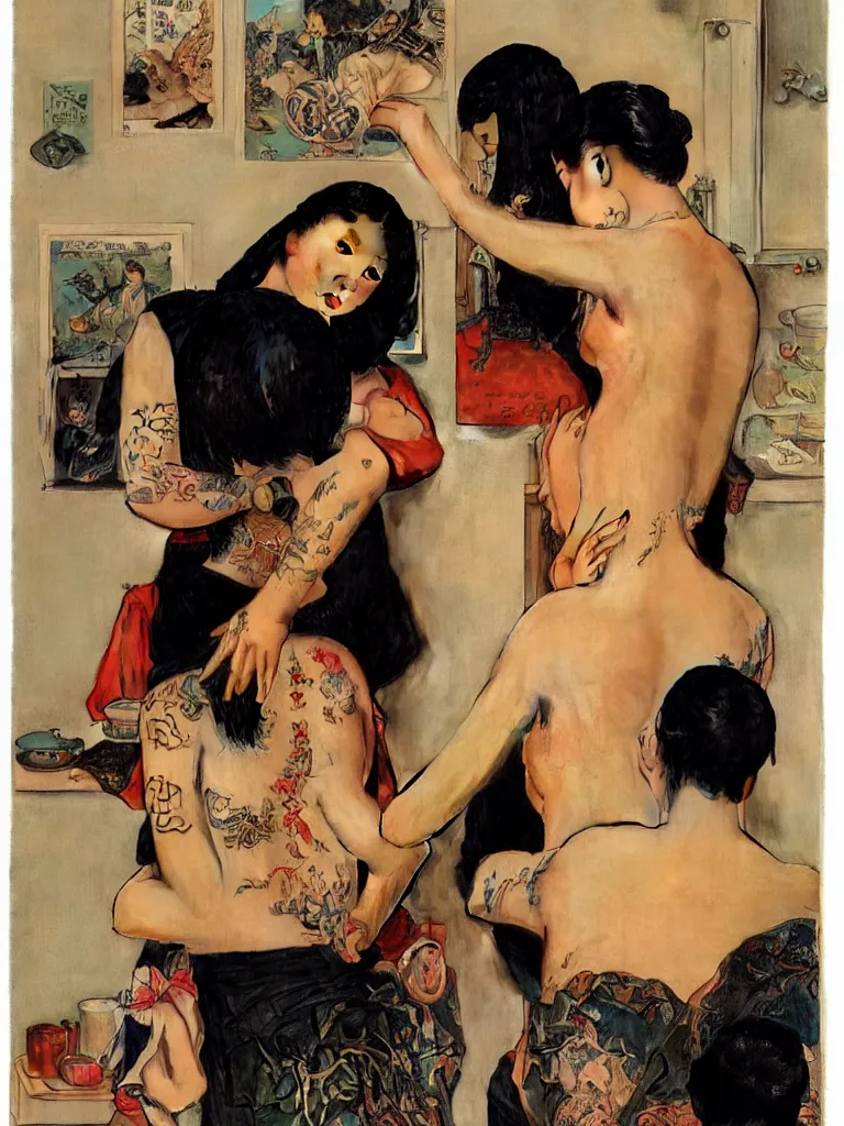 Prompt: a Portrait of a beautiful Asian girl getting a tattoo of a dragon on her back by Norman Rockwell