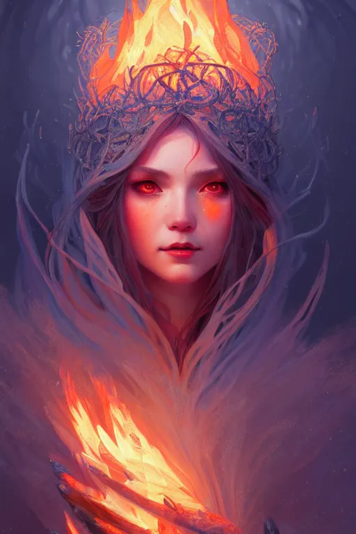 Prompt: beautiful ancient frost witch, flames all around, highly detailed, digital painting, artstation, sharp focus, illustration, art by tan zi and ayanamikodon and alphonse mucha and wlop