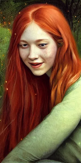 Prompt: infp young woman, smiling, amazed by golden fireflies lights, sitting in the midst of nature fully covered, long loose red hair, intricate linework, green eyes, small nose with freckles, oval shape face, realistic, expressive emotions, dramatic lights mystical scene, hyper realistic ultrafine art by artemisia gentileschi, albert bierstadt, artgerm