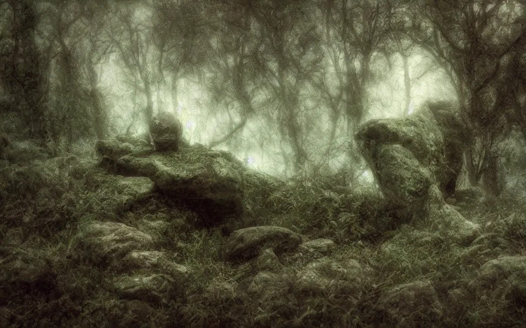 Image similar to the sleeping stone prince submerged in shadow and mist overgrown garden (melancholy), exquisite painting, moody colors chromatic aberration