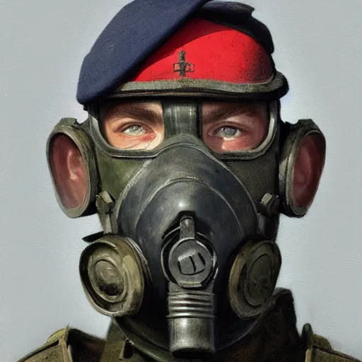 Image similar to a portrait painting of a world war 1 british soldier wearing gasmask, detailed, in the style of greg rutkowski