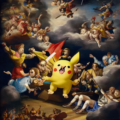 Prompt: Baroque painting of Pikachu invading Spain with a army of androids