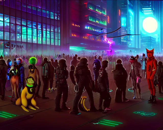 Image similar to high - resolution photograph from a cyberpunk era furry fandom convention ( midwest furfest 2 0 4 7 ), taking place after the genetic revolution and singularity. photorealistic.