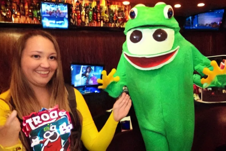 Prompt: taking a selfie with a frog fleshy mascot costume at an applebee's, cell phone photo