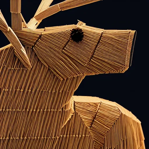 Prompt: detailed reindeer made from match sticks like lowpoly wooden machine, by theo jansen, cgsociety