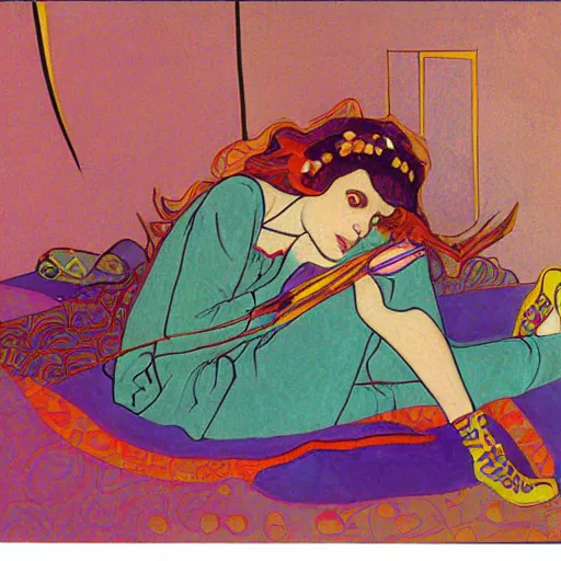 Image similar to rocker goth teen girl laying on the floor, writing on a journal. 1970s colorful psychedelic bedroom. Trippy. Mucha. Stylized. Egon schiele