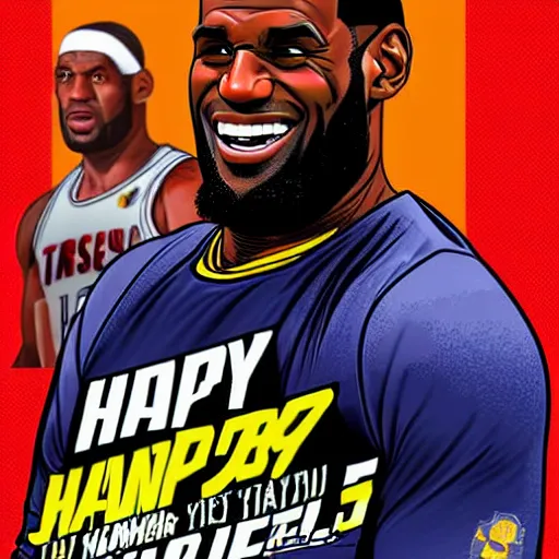 Image similar to happy lebron james, gta v cover art, art by stephen bliss, matte painting