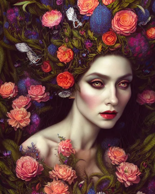 Image similar to portrait of the queen of the underworld, surrounded by flowers by karol bak, james jean, tom bagshaw, rococo, trending on artstation, cinematic lighting, hyper realism, octane render, 8 k, hyper detailed.