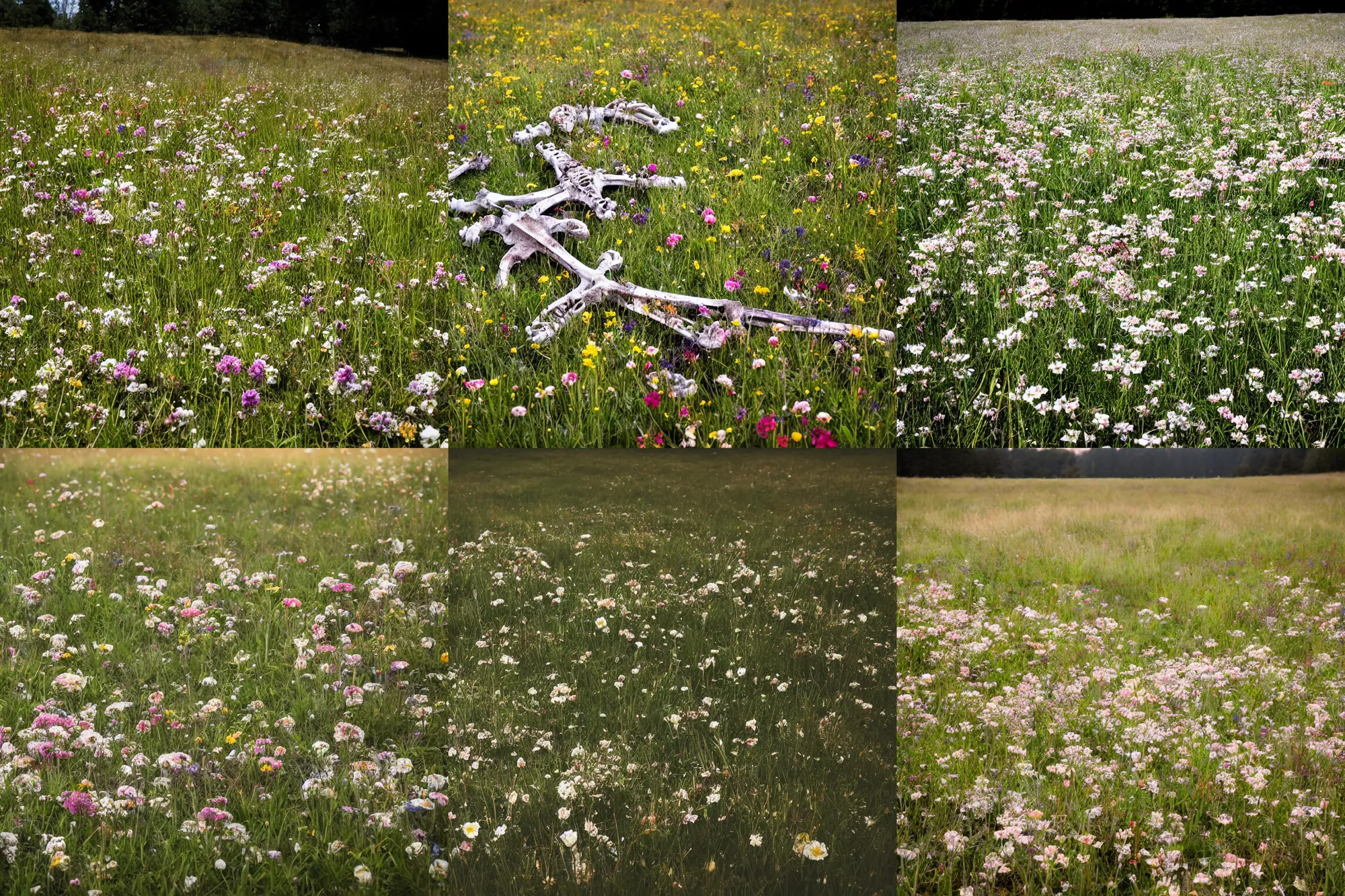 Prompt: professional, atmospheric photograph of decaying bones. in a meadow of flowers