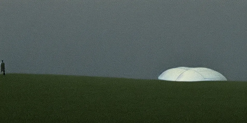 Prompt: a strange huge pvc inflated ando tadao building sits on the grass, film still from the movie directed by denis villeneuve with art direction by zdzisław beksinski, close up, telephoto lens, shallow depth of field