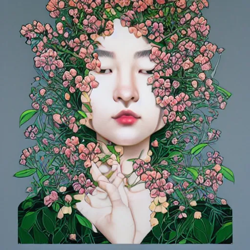 Prompt: a 3d portrait of a woman covered in flowers by Audrey kawasaki and James jean and pictoplasma