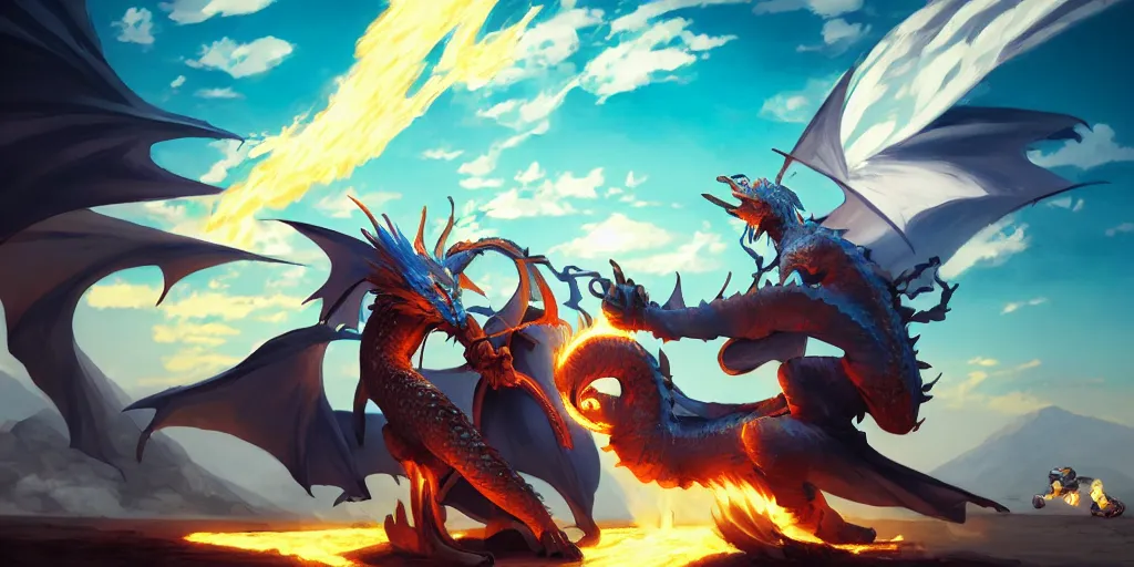 Image similar to dragon spits fire on a blue knight holding a gold sword, a green hatchback car is nearby, low wide angle, anime, desert landscape, greg rutkowski, Murata, one punch man manga, cinematic, digital art, hyper realistic