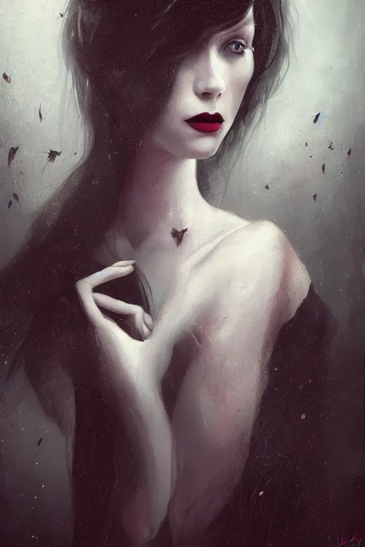 Image similar to a photo-realistically painted portrait of a singular lady vampire!!!!, dressed in a suit, perfect face!!!, beautiful eyes!!, digital painting, concept art, minimal artifacts, volumetric lighting, Artgerm, and William-Adolphe Bouguerea, in the style of Tom Bagshaw, cinematic!!, stunning!, trending on Artstation!, award-winning art!!!