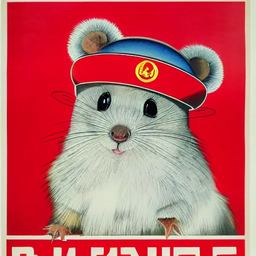 Image similar to a soviet union propaganda poster of a roborovski hamster in a winter hat, detailed, smooth, old, crinkled, red and white colors