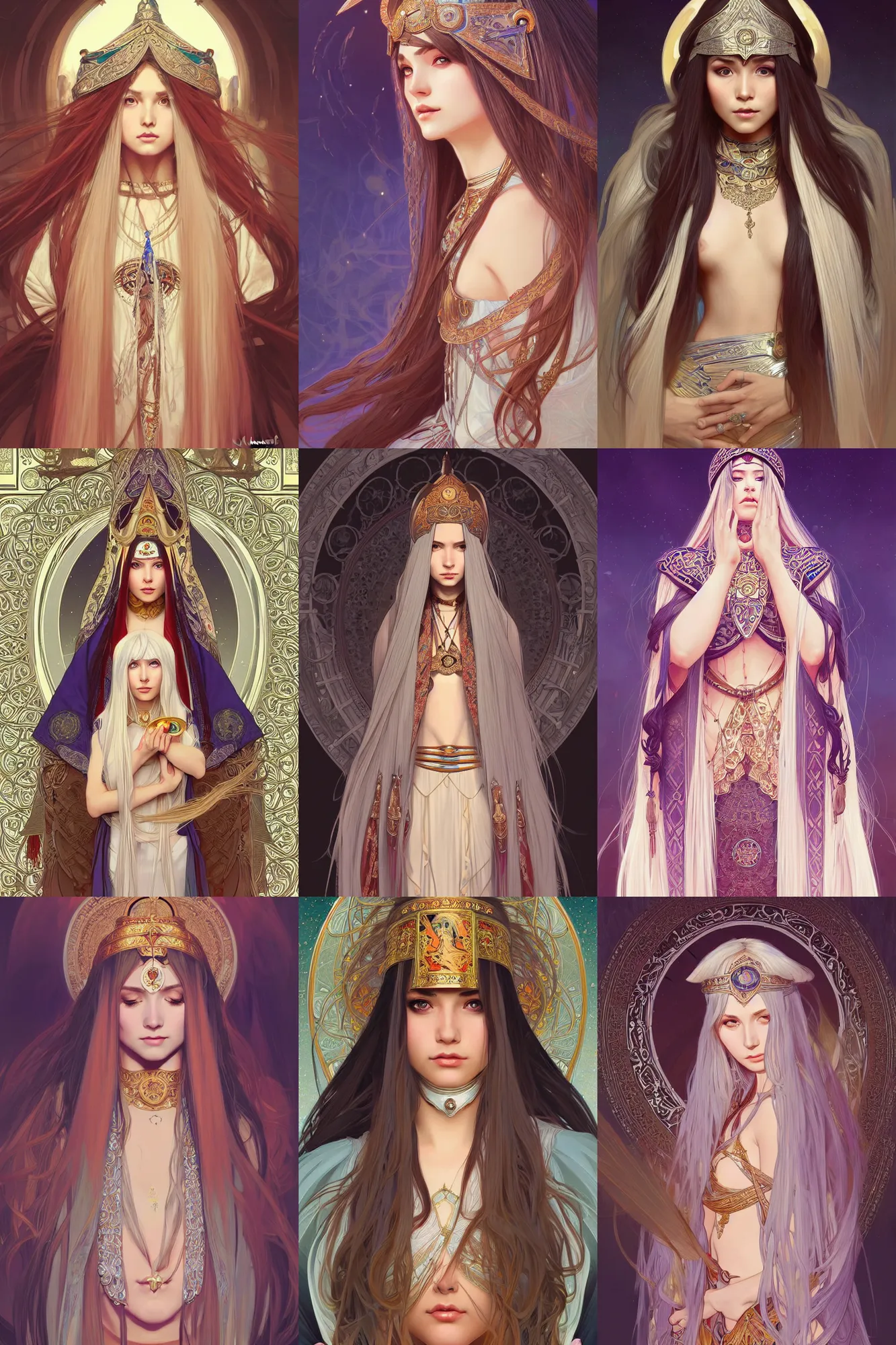 Prompt: A beautiful female priestess with long silver hair in traditional garbs, highly detailed, digital painting, artstation, concept art, smooth, sharp focus, illustration, art by artgerm and alphonse mucha, high definition digital art, in the style of Ross tran and ilya kuvshinov