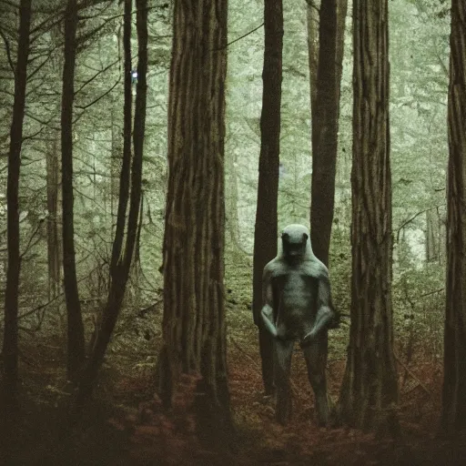 Prompt: grainy old photo of a grey alien in a forest. blurry