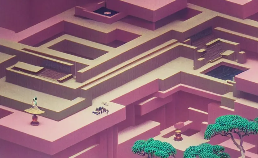 Image similar to huge sprawling gargantuan angular dimension of infinite indoor landscape japanese furniture with asian ceremonial temple. surrealism, mallsoft, vaporwave. muted colours, 8 0 s japanese interior design, shot from above, endless, neverending epic scale by escher and ricardo bofill