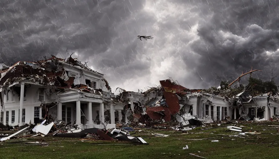 Image similar to white house destroyed by tornado, thunderstorm, rain, debris, black clouds, hyperdetailed, artstation, cgsociety, 8 k