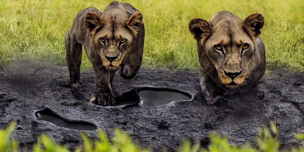 Image similar to a black lioness made of ferrofluid bathing inside the tar pit full of tar, covered with tar. dslr, photography, realism, animal photography, color, savanna, award winning wildlife photography