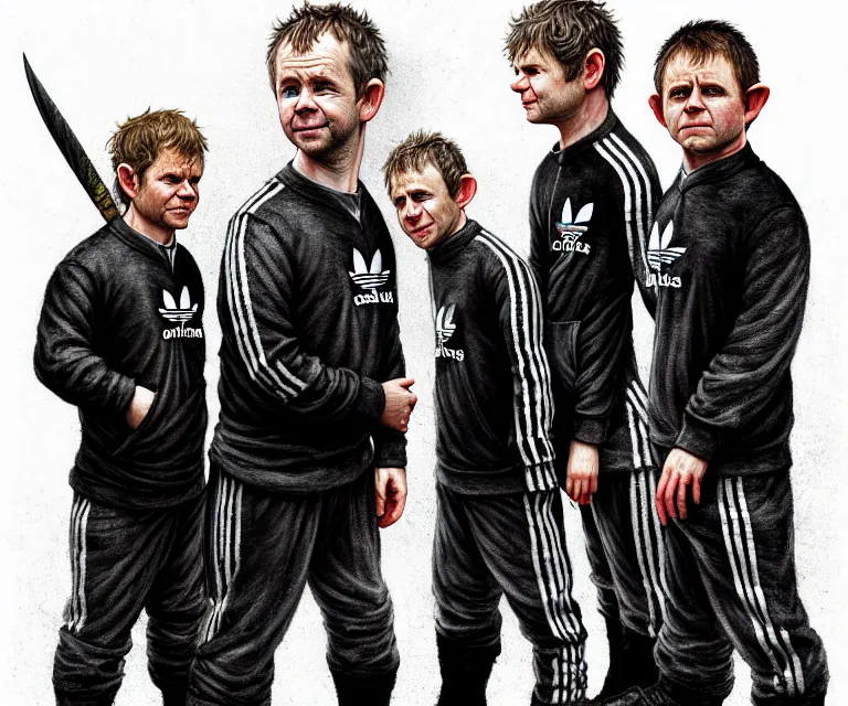 Prompt: a detailed fifty mm portrait of dominic monaghan, billy boyd, sean astin, as hobbits in black adidas track suits with white stripes, headshot, highly detailed, digital painting, artstation, concept art, sharp focus, cinematic lighting, illustration, art by met mangindaan, artgerm and greg rutkowski, alphonse mucha, cgsociety