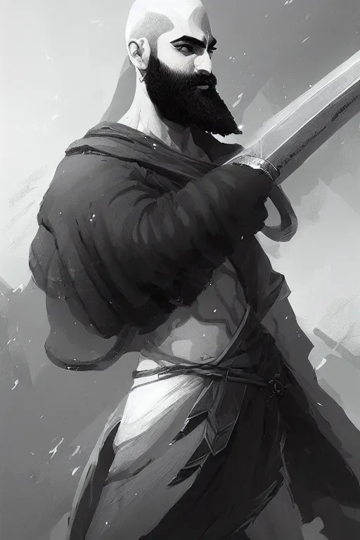 Image similar to Arab man light beard, bald, swordsman, modern, hero, black and white, highly detailed, digital painting, artstation, concept art, sharp focus, illustration, by greg rutkowski