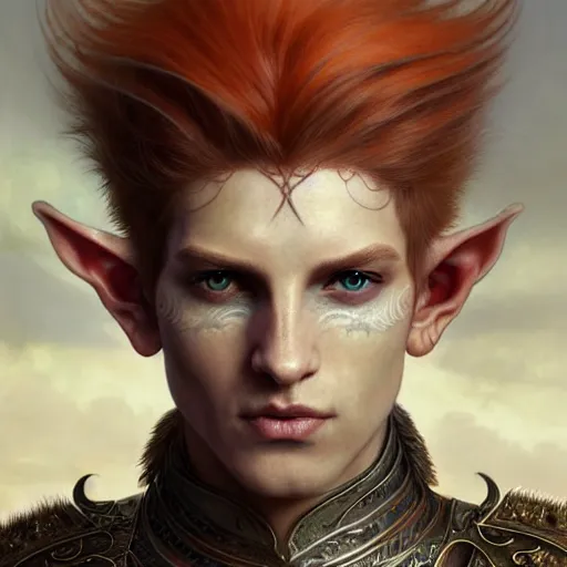 Image similar to portrait painting of an elven young man with short light orange hair and tribal tattoos on cheekbones wearing fur armor, ultra realistic, concept art, intricate details, eerie, highly detailed, photorealistic, octane render, 8 k, unreal engine. art by artgerm and greg rutkowski and charlie bowater and magali villeneuve and alphonse mucha