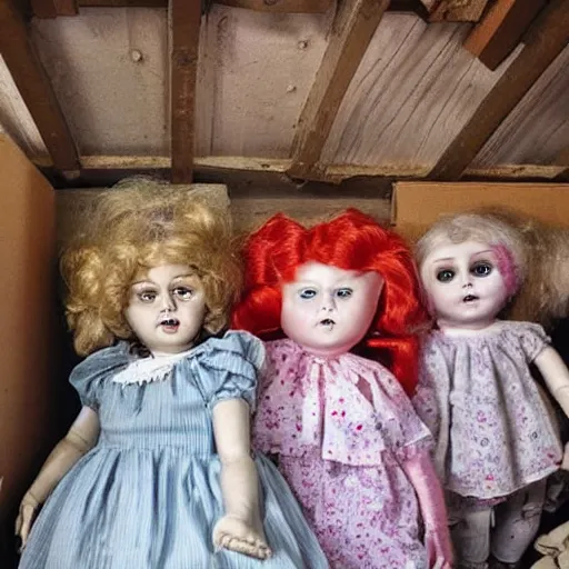 Prompt: attic full of creepy dolls