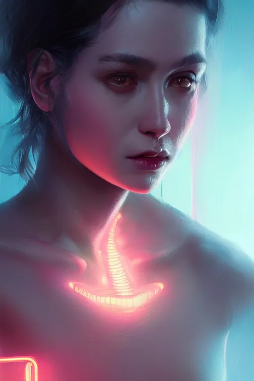 Prompt: portrait of a girl with a scaly skin and biotechnical parts and neon light by Artgerm and Greg Rutkowski , digital painting, highly detailed, trending on artstation