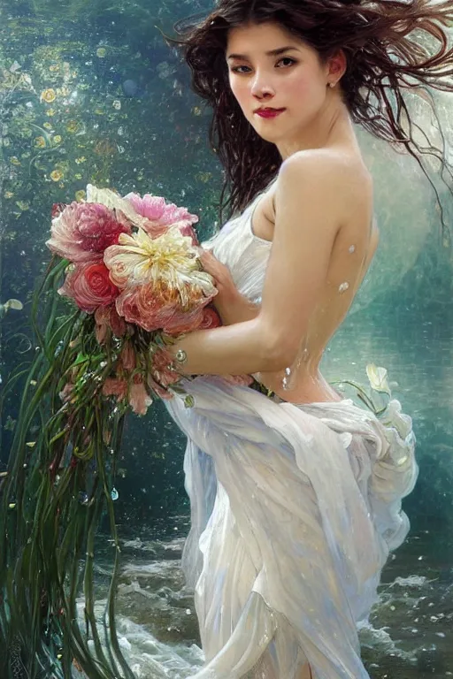 Image similar to portrait of a beautiful woman wearing a white dress, holding a bouquet of flowing flowers, drenched body, wet dripping hair, emerging from the water, fantasy, regal, fractal crystal, fractal gems, by stanley artgerm lau, thomas kindkade, alphonse mucha, loish, norman rockwell