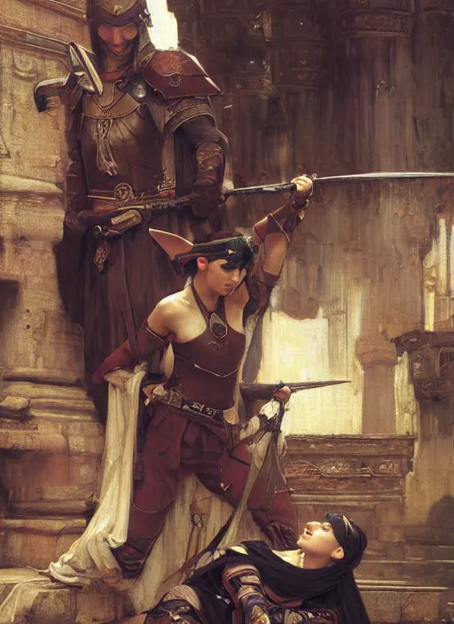 Prompt: elven assassin evading the imperial guard. beautiful face. iranian orientalist portrait by john william waterhouse and edwin longsden long and theodore ralli and nasreddine dinet, oil on canvas. cinematic, hyper realism, realistic proportions, dramatic lighting, high detail 4 k. fantasy wild hunt concept art. d & d