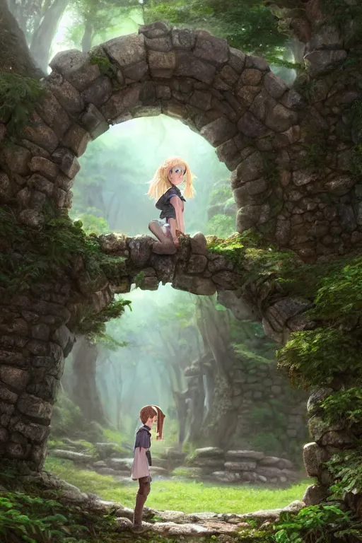 Image similar to a highly detailed matte painting of a teenager with shaggy hair and hip clothes standing in front of a stone gate in the elven forest ruins, by studio ghibli, by artgerm, by wlop, by greg rutkowski, detailed face, perfect eyes, volumetric lighting, octane render, 4 k resolution, trending on artstation, masterpiece