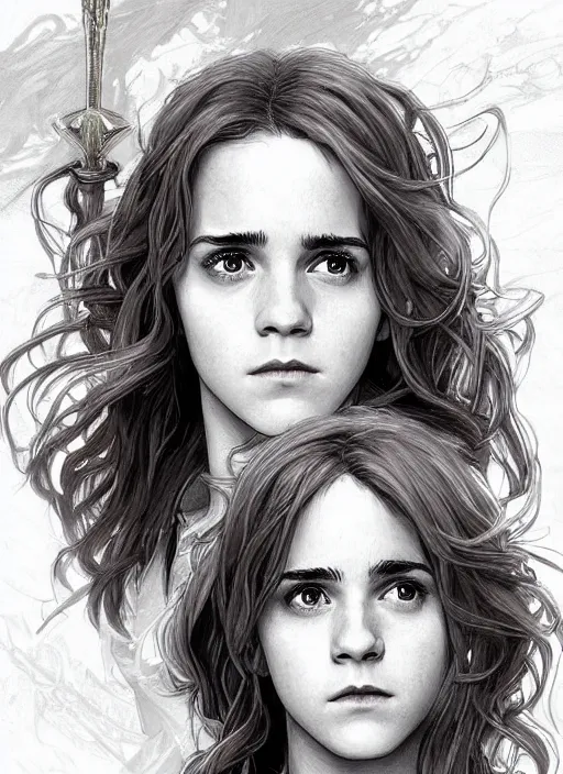Prompt: hermione! granger! at hogwarts!! by emma watson. beautiful detailed face. by artgerm and greg rutkowski and alphonse mucha
