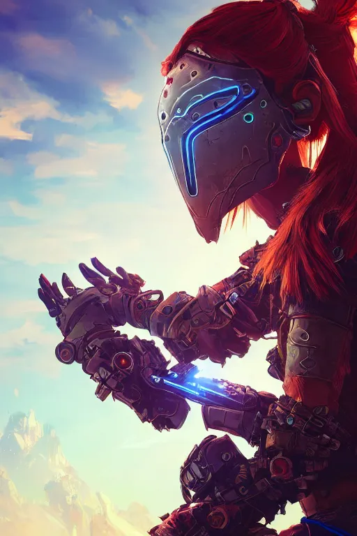 Image similar to combination suit armor aloy horizon forbidden west horizon zero dawn radiating a glowing aura global illumination ray tracing hdr fanart arstation by ian pesty and alena aenami artworks in 4 k tribal robot ninja mask helmet backpack