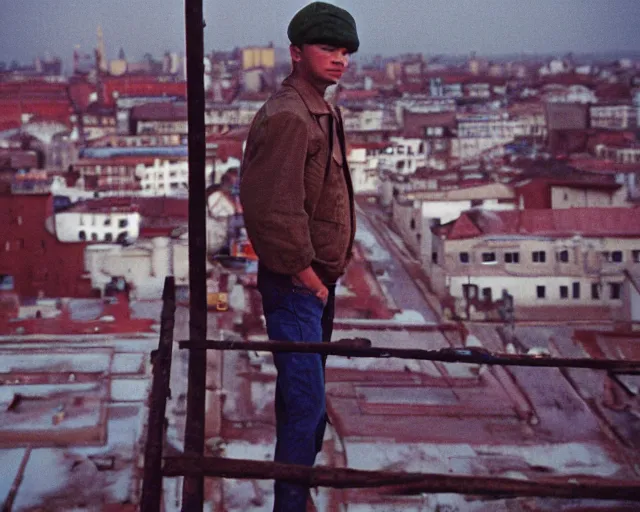 Image similar to lomo photo of man standing on the roof of soviet hrushevka, small town, cinestill, bokeh, out of focus