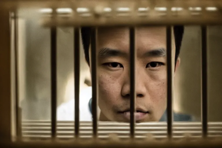 Image similar to an 8 5 mm portrait of a justin sun in prison looking through the bars of his cell, by annie leibovitz, shallow depth of field, cinematic lighting