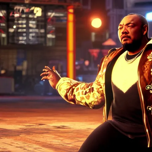 Image similar to a videogame still of Timbaland in Tekken 7, 40mm lens, shallow depth of field, split lighting