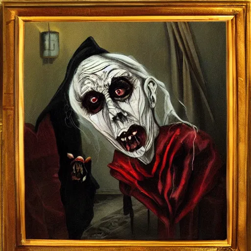 Image similar to creepy old cursed witch watching you sleep, eerie, haunted, oil painting