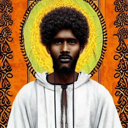 Image similar to east african man, curly hair, muslim man, somali attire, vintage, symmetrical, nostalgic, peaceful, digital painting, intricate details, sharp focus