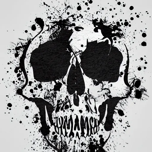 Prompt: photo of a letter S on a white background with ink splatter forming a skull