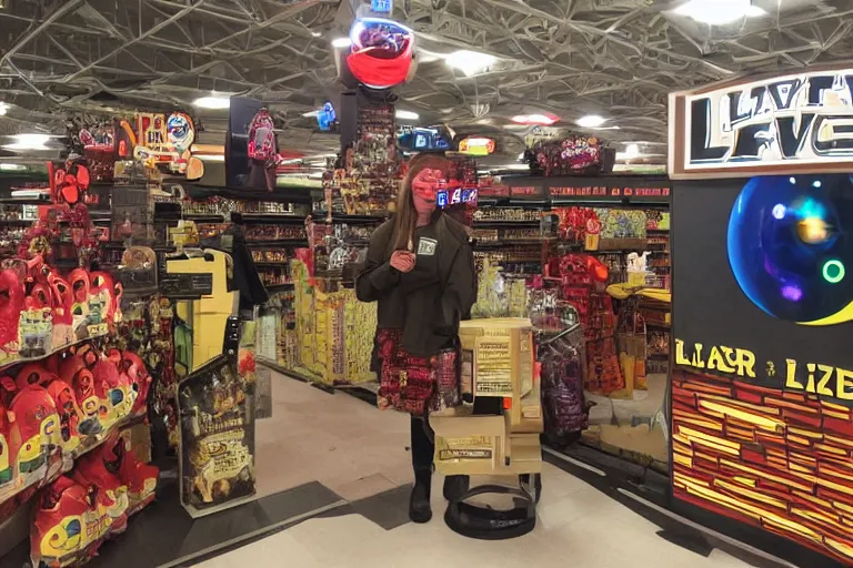 Prompt: giant using laser eyes to explode buc-ee's