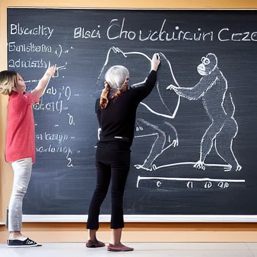 Prompt: chimpanzee scientist lecturer teaching evolution standing in front of a blackboard in a university