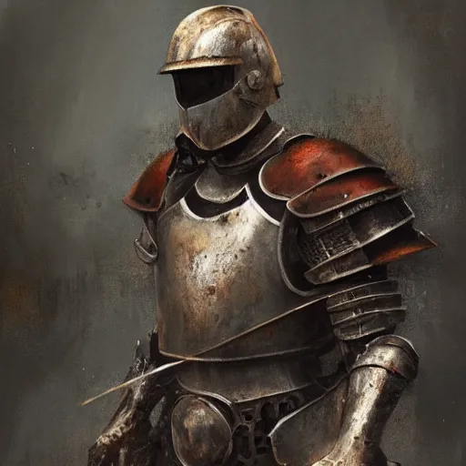 Image similar to A realistic painting of a knight in full plate armor, rusted and dirty armor, oil painting, by Greg Rutkowski, dark, moody lighting, trending on artstation, highly detailed
