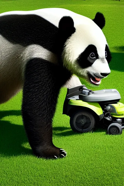 Image similar to a panda driving a lawn mower mowing his lawn, suburban garden, cgsociety and beeple highly detailed, cinematic lighting, illustration, art, octane render, unreal engine lumen, very coherent. cinematic, hyper realism, high detail, octane render, 8 k