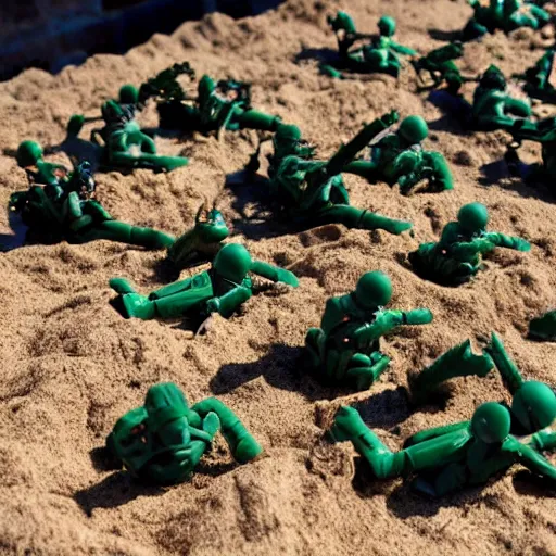 Image similar to toy army men, melting in a sandbox on a summers day