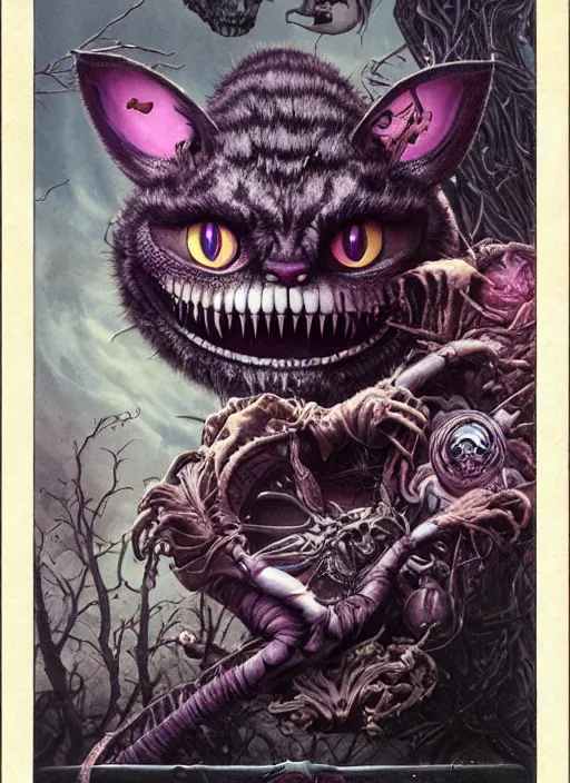 Image similar to Cheshire Cat Death Tarot card,highly detailed,half skull face,cinematic,8k,by Stanley Artgermm,Tom Bagshaw,Greg Rutkowski,Carne Griffiths, Ayami Kojima, Beksinski, Giger,trending on DeviantArt,hyper detailed,horror, full of colour