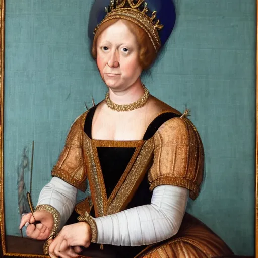 Prompt: photo realistic renaissance portrait of trump crossdressing in the clothing of female royalty