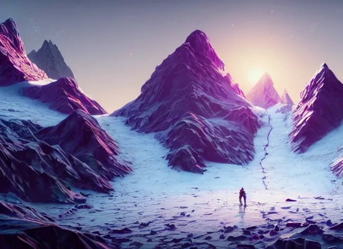 Prompt: detailed intricate digital illustration by greg rutkowski and wlop and sanford robinson gifford ; icy glacier landscape with shards of purple glistening geode sticking up from the ground like mountains, puffy clouds and snow ; 1 3 mm film, arri alfa anamorphic lens ; sharp focus, golden hour lighting, trending on artstation 4 k