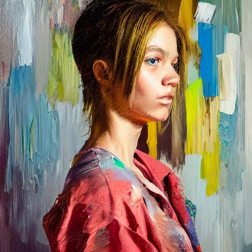 Image similar to palette knife oil painting portrait of a girl in a room, extreme detail, liminal aesthetic, artgerm, deviant art, octane, substance, art history 8 k