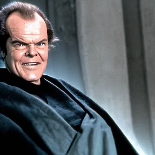 Image similar to jack Nicholson as senator Palpatine, cinematic still